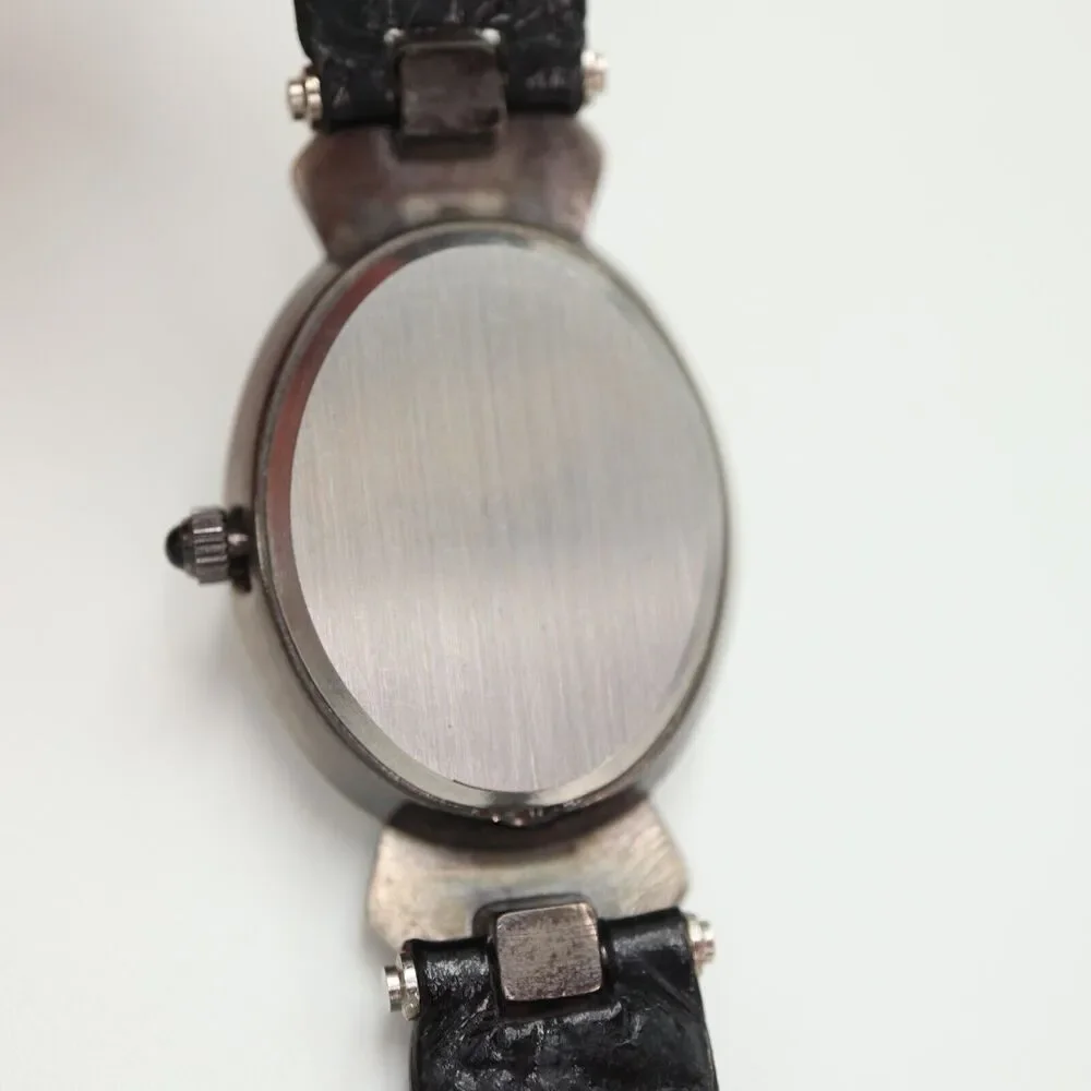 Cardini Marcasite Watch Women 24mm Silver Tone Roman Black Leather w New Battery